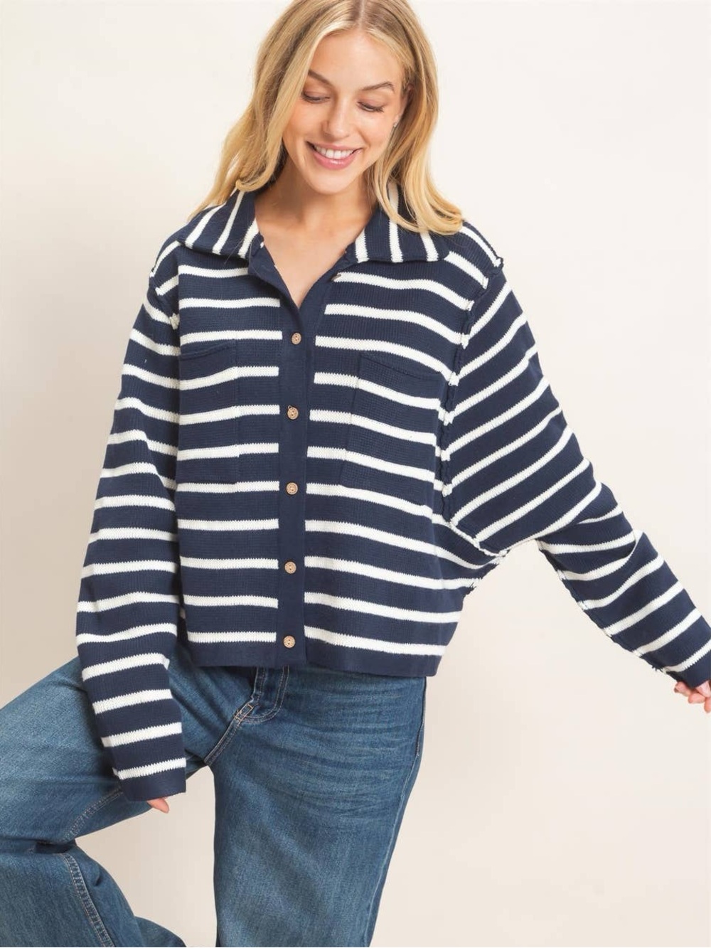 266 • Navy Blue Striped Button Front Knit Cardigan